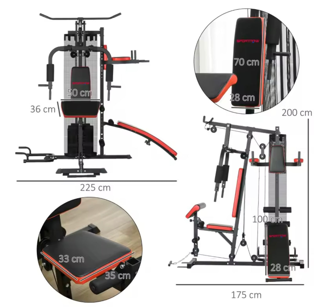 Multi Gym Workout Station, Weight Machine with 65kg Weight Stack, Sit Up Bench, Push Up Stand, Dip Station