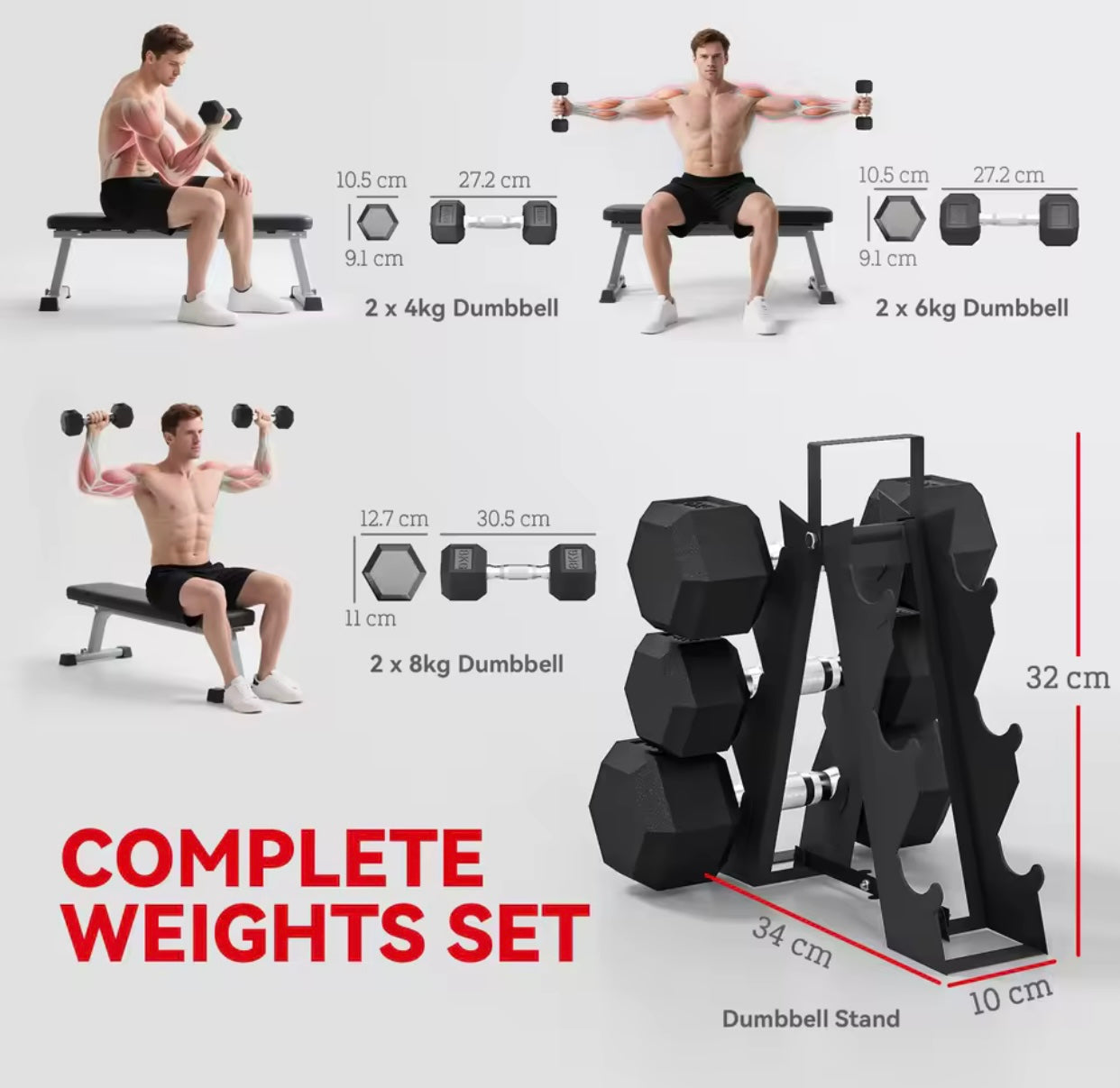 36KG Hex Dumbbell Set with Dumbbell Rack