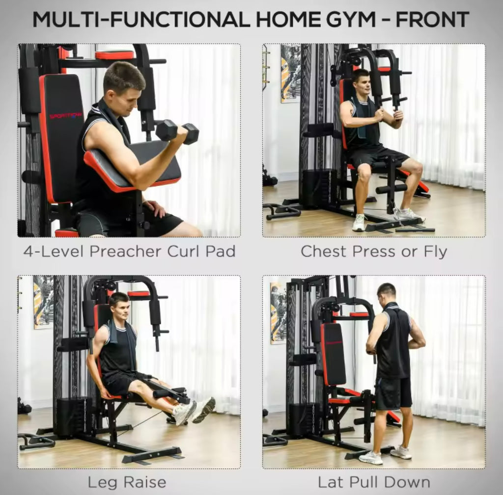 Multi Gym Workout Station, Weight Machine with 65kg Weight Stack, Sit Up Bench, Push Up Stand, Dip Station