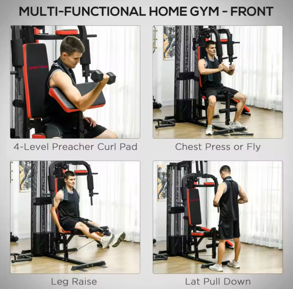 Multi Gym Workout Station, Weight Machine with 65kg Weight Stack, Sit Up Bench, Push Up Stand, Dip Station