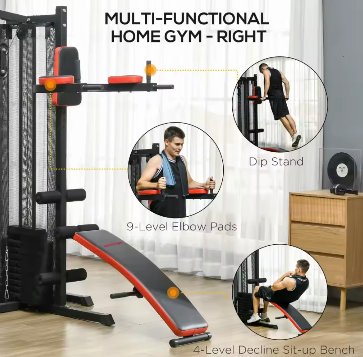 Multi Gym Workout Station, Weight Machine with 65kg Weight Stack, Sit Up Bench, Push Up Stand, Dip Station