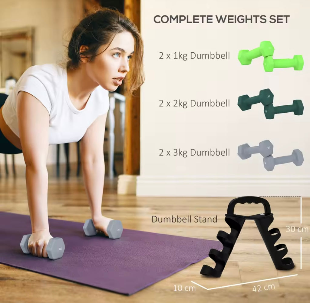 Dumbbells Set with Storage Rack, 2 x 1kg, 2 x 2kg, 2 x 3kg
